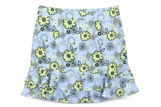 Front view of Missi London women’s blue floral polyester mini skirt, size UK 12