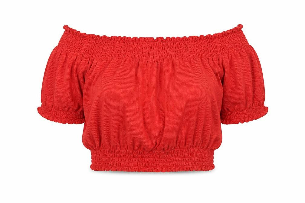 Front view of H&M women’s red polyester cropped t-shirt, size L, off the shoulder