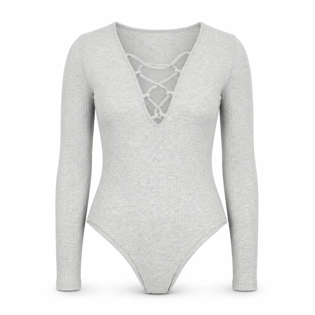Front view of Dicloud women’s grey polyester bodysuit one-piece, size S, snap