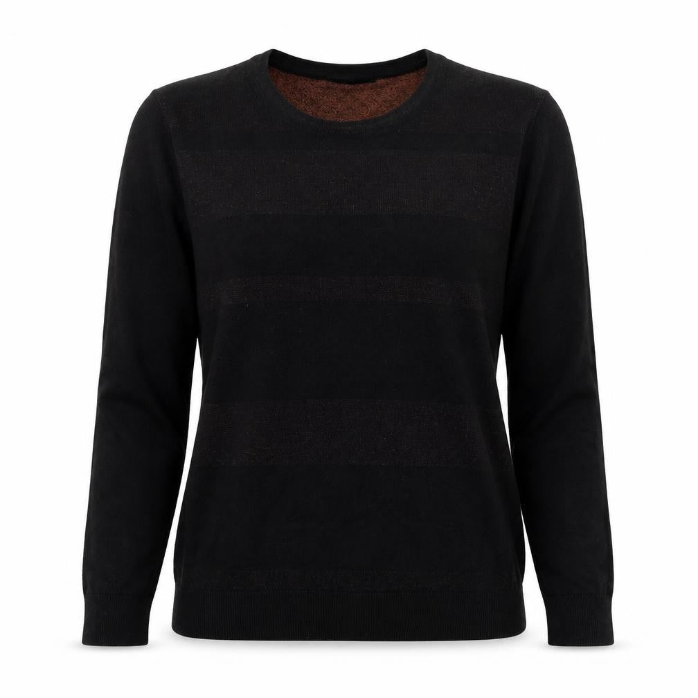 Front view of Mud Flower women’s black round neck striped viscose jumper, size S
