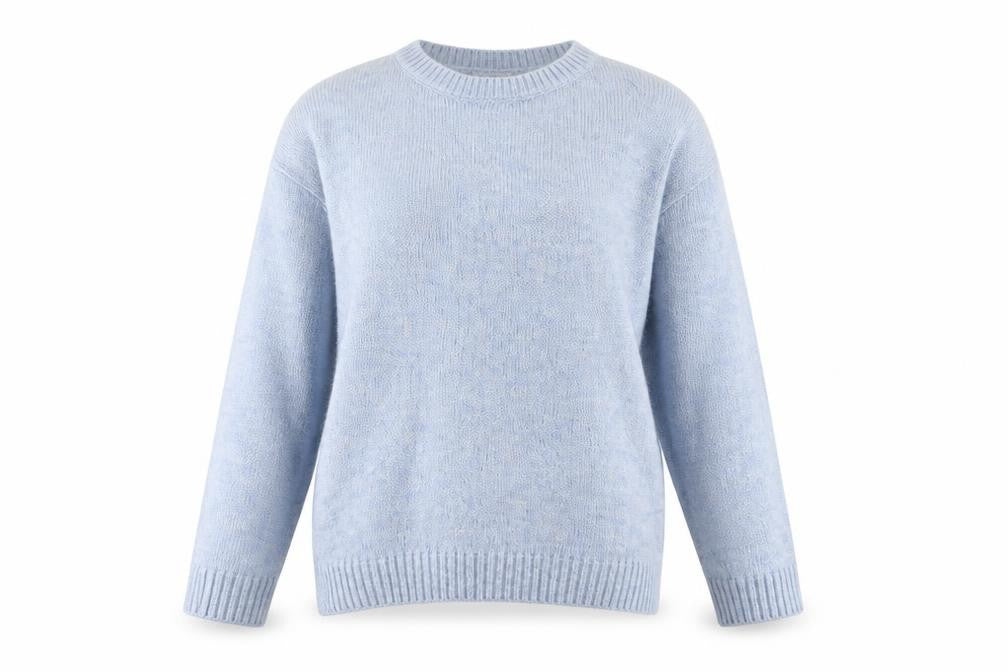 Front view of George women’s blue round neck acrylic jumper, size UK 8