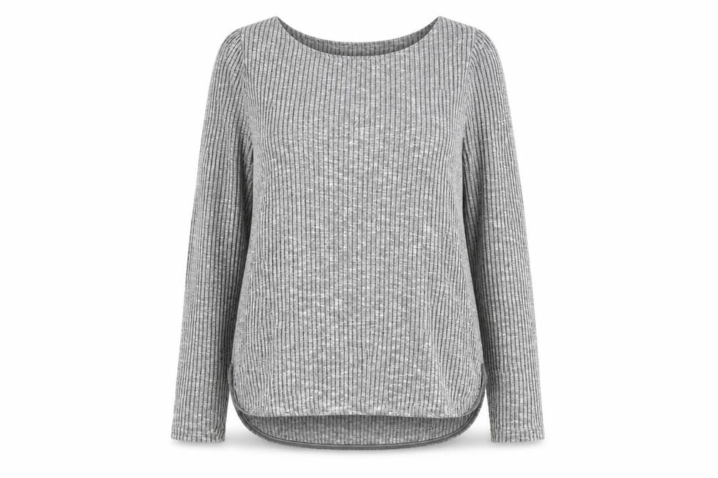 Front view of H&M women’s grey round neck viscose jumper, size S, - ribbed