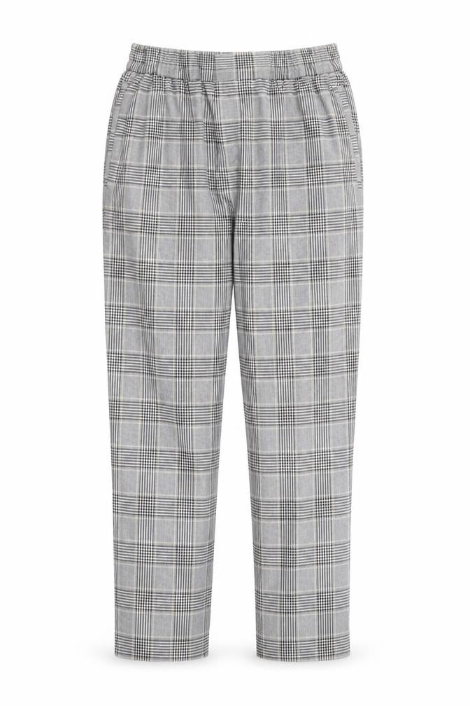 Front view of River Island women’s grey plaid cotton trousers, size UK 32, in, 32-inch leg regular hook & loop