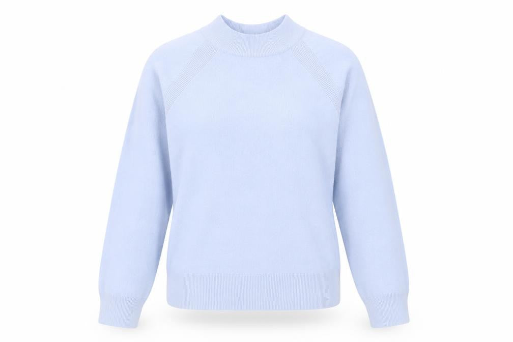 Front view of Marks & Spencer women’s blue high neck acrylic jumper, size UK 10