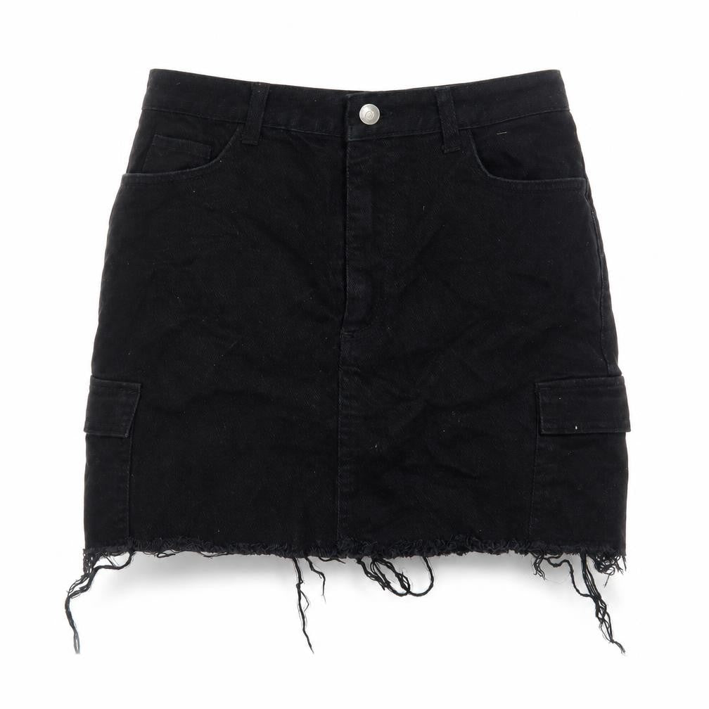 Front view of Denim & Co. women’s black polyester mini skirt, size UK 10, button