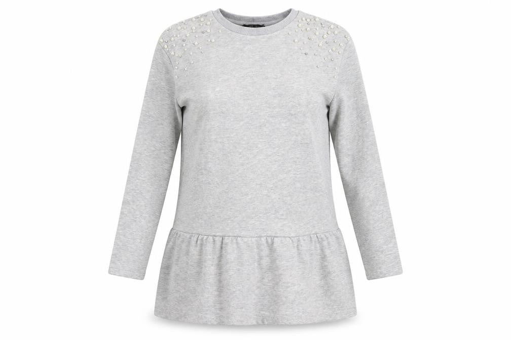 Front view of New Look women’s grey cotton jumper dress, size UK 12, crew neck pullover
