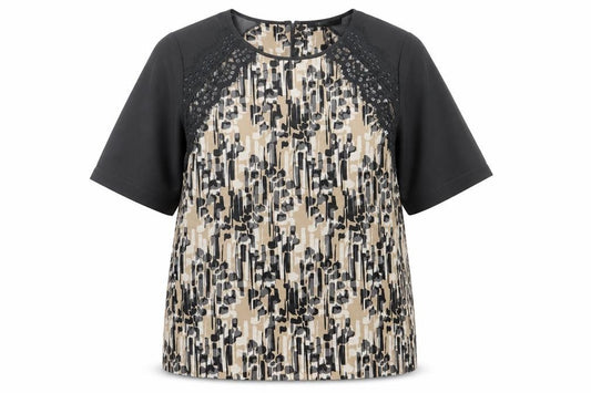 Front view of Next women’s grey geometric polyester basic t-shirt, size UK 12, crew neck - lace detail