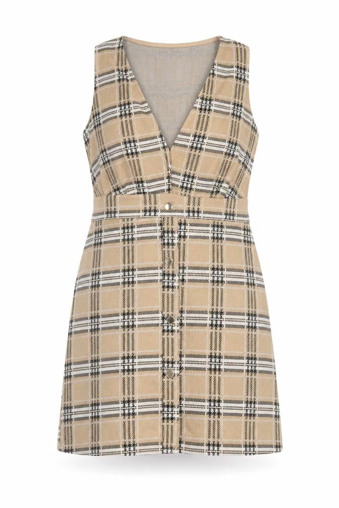 Front view of Quiz women’s brown plaid polyester a-line, size UK 12, v-neck pullover
