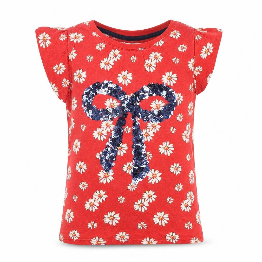 Front view of Next girls’ red floral cotton basic t-shirt, size 4, years crew neck pullover
