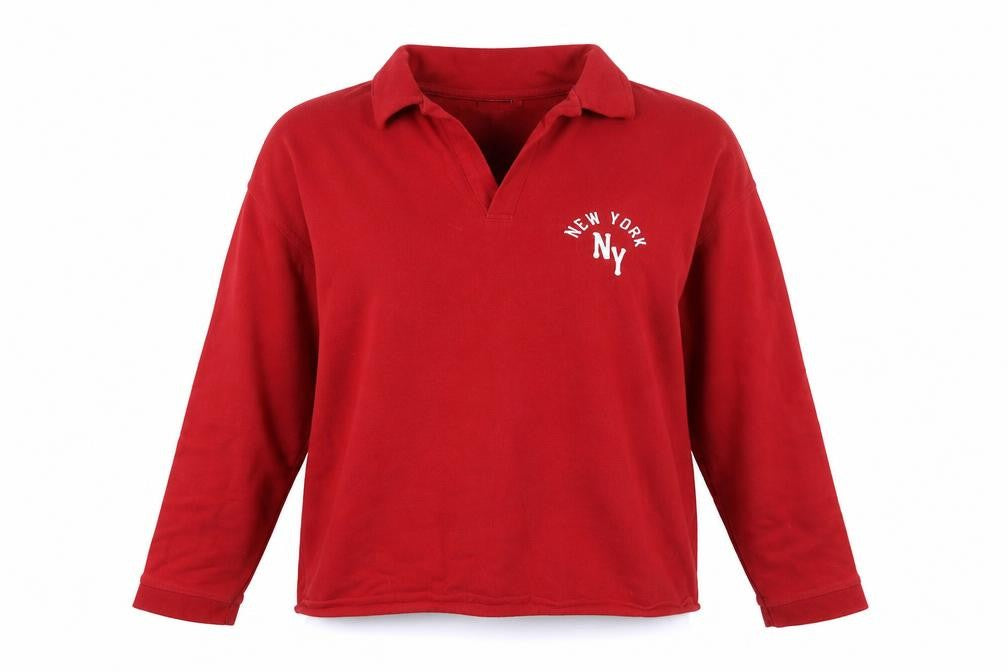 Front view of Topshop women’s red cotton henley sweatshirt, size UK 8, pullover - new york