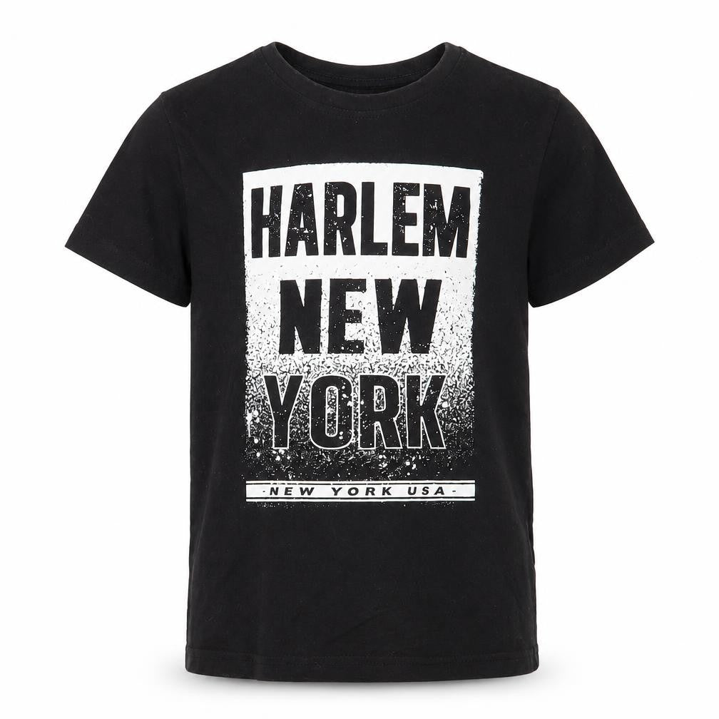 Front view of Primark boys’ black cotton pullover t-shirt, size 7-8, years crew neck pullover - harlem new york
