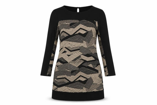 Front view of Principles women’s black geometric viscose a-line, size UK 12, boat neck button
