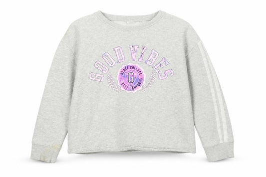 Front view of Next girls’ grey cotton pullover sweatshirt, size 11, years pullover - good vibes