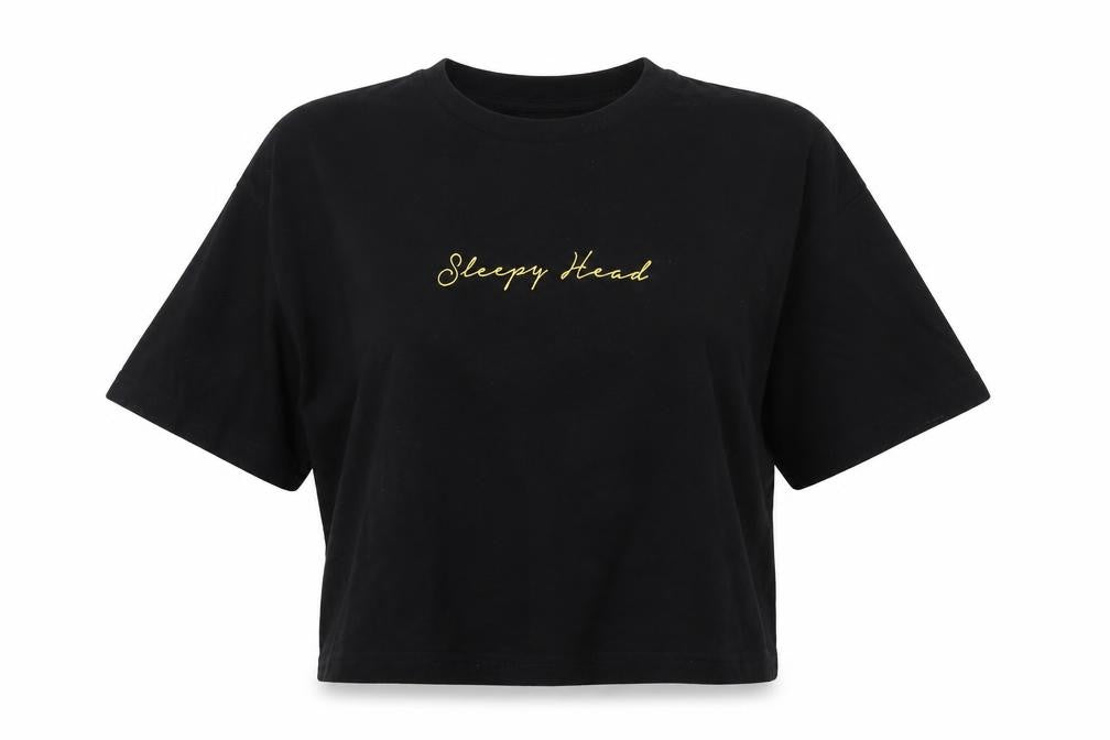 Front view of Topshop women’s black cotton basic t-shirt, size M, crew neck - sleepy head