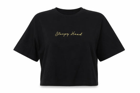 Front view of Topshop women’s black cotton basic t-shirt, size M, crew neck - sleepy head