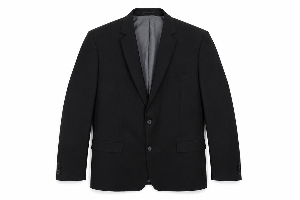 Front view of F&F men’s black striped polyester jacket blazer, size 44