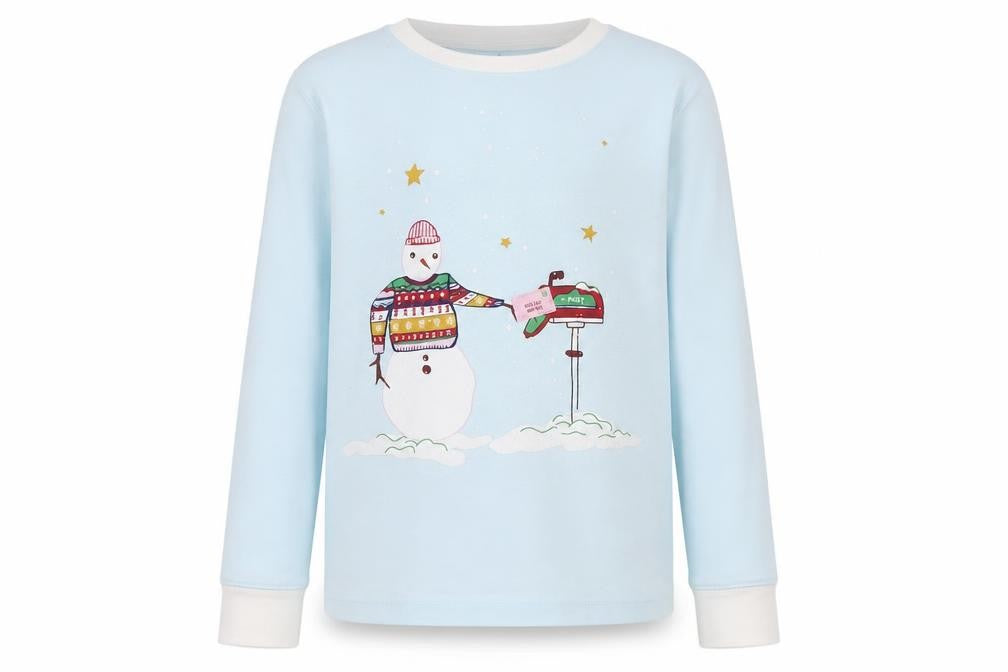Leigh Tucker Girls Blue Cotton Basic T-Shirt Size 10-11 Years Round Neck - Christmas Snowman