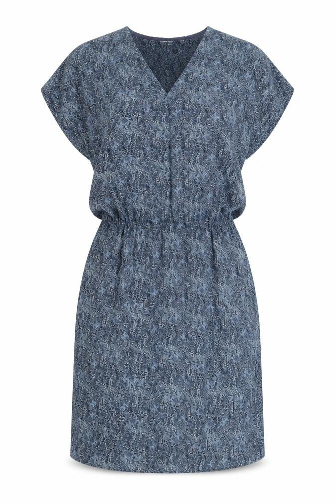 Front view of Tom Tailor women’s blue geometric polyester shirt dress, size UK 40, v-neck