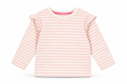 Front view of Mothercare girls’ pink striped cotton basic t-shirt, size 3-6, months round neck snap