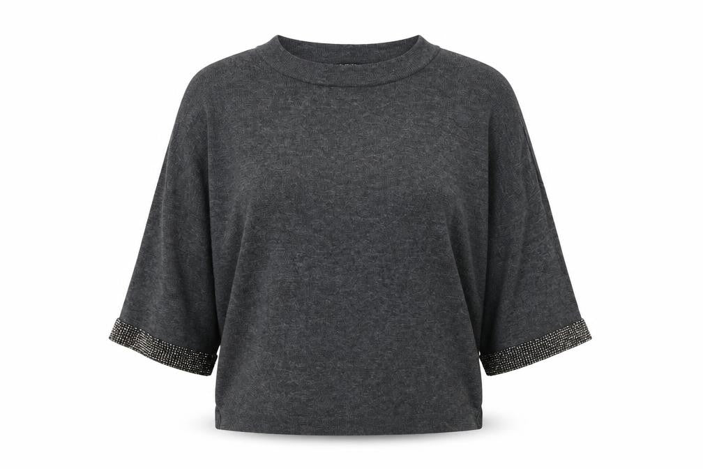 Front view of Warehouse women’s grey round neck acrylic jumper, size UK 8