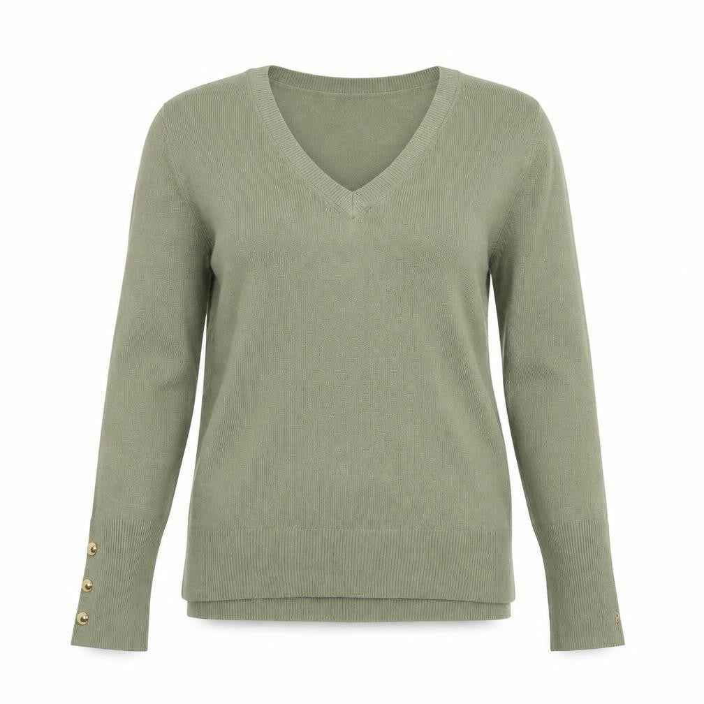 Front view of Primark women’s green v-neck acrylic jumper, size UK 6