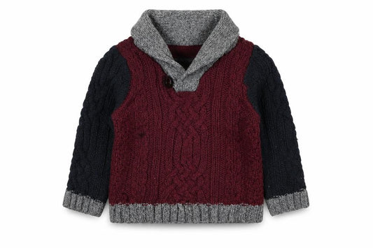 Front view of Early Days boys’ red acrylic jumper, size 3-6, months pullover