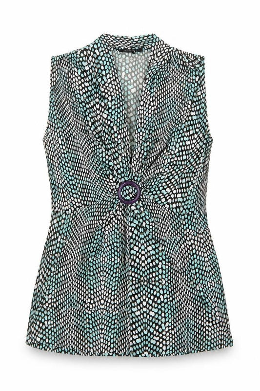 Front view of Olsen women’s green geometric polyamide basic button-up, size UK 10, v-neck