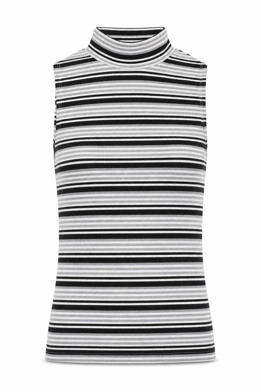 Front view of Atmosphere women’s multicoloured striped polyester jersey tank, size UK 6, round neck - stripes