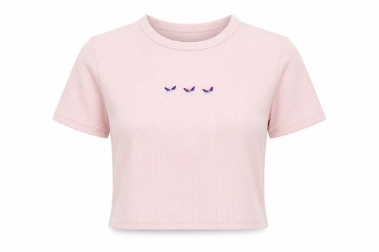 Front view of STYLEWISE women’s pink polyester jersey t-shirt, size UK 10, round neck - butterflies
