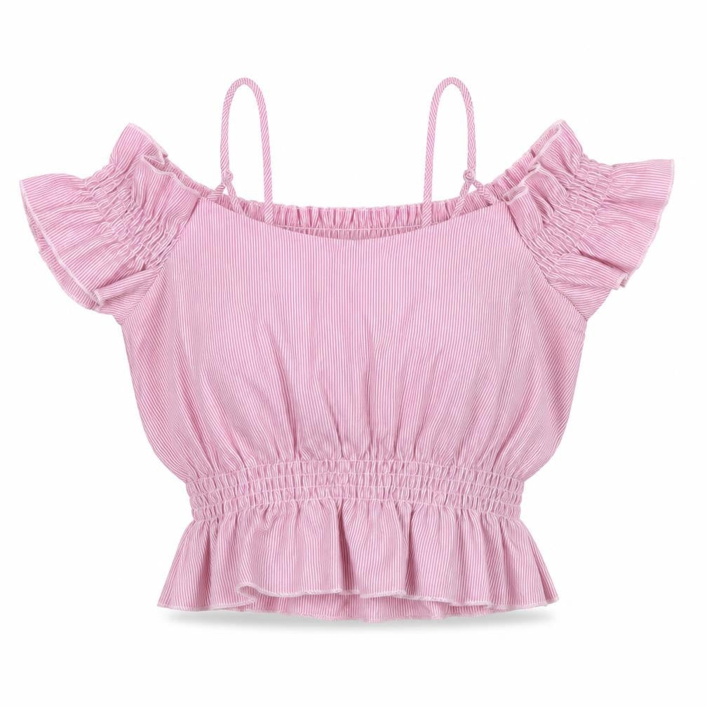 Front view of diffuse women’s pink striped polyester cropped t-shirt, size UK 6, square neck - stripes