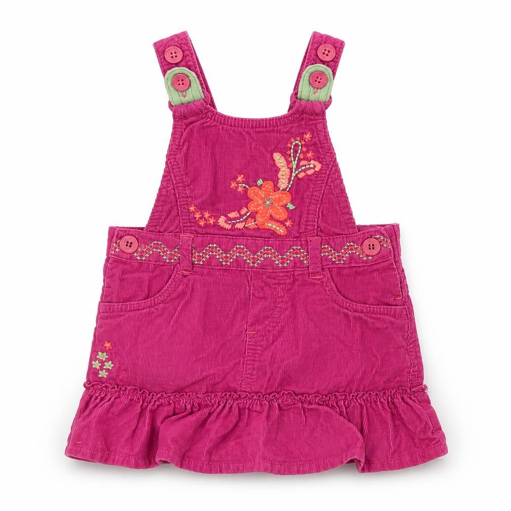 Marks and Spencer Girls Purple Floral 100% Cotton Pinafore/Dungaree Dress Size 6-9 Months Square Neck Button