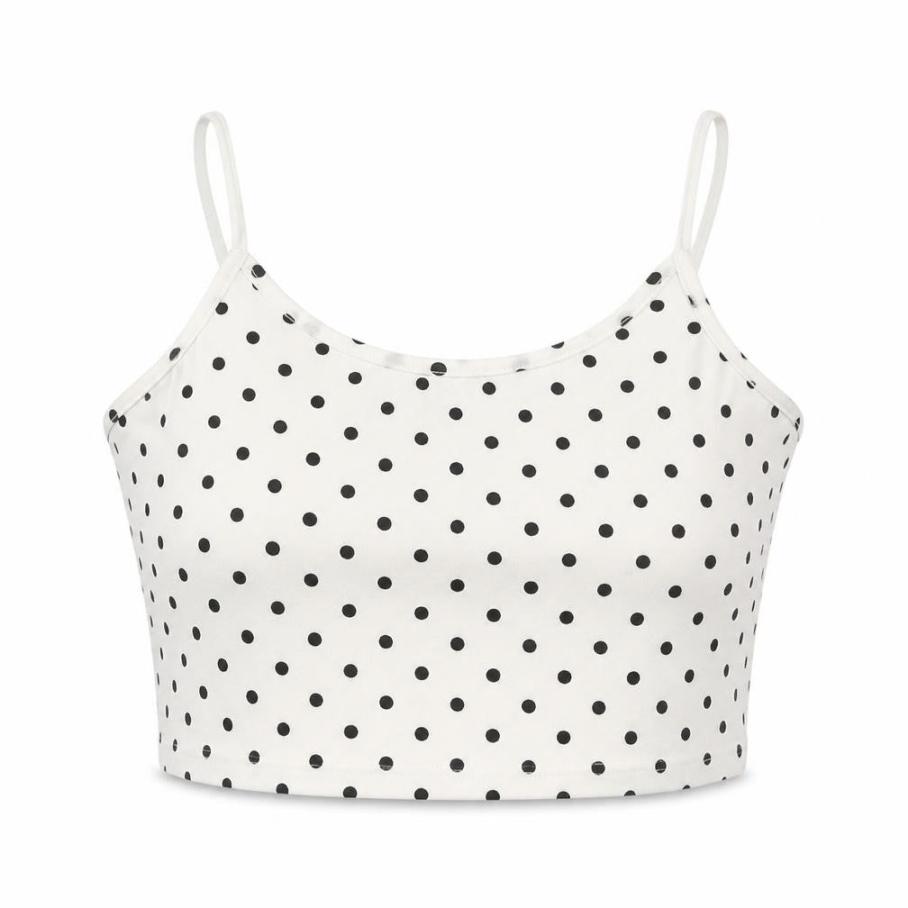 Front view of SHEIN women’s white polka dot polyester cropped tank, size XS, scoop neck