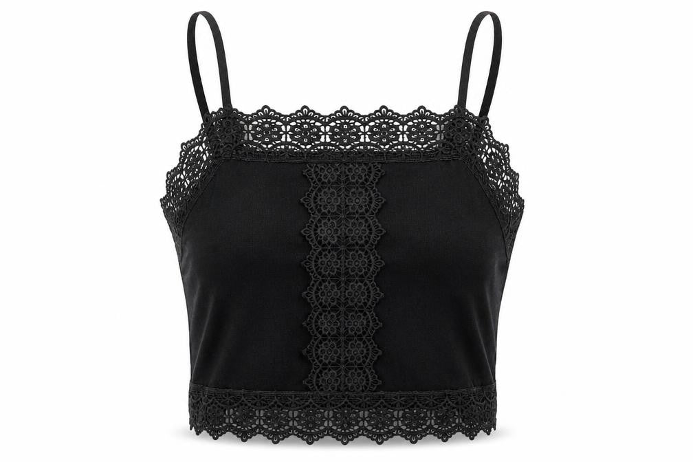 Primark Womens Black Cotton Camisole T-Shirt Size XS Square Neck - Lace Detail
