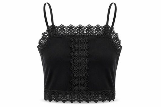 Front view of Primark women’s black cotton camisole t-shirt, size XS, square neck - lace detail