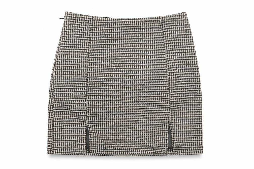 Front view of SHEIN women’s brown geometric polyester mini skirt, size XS
