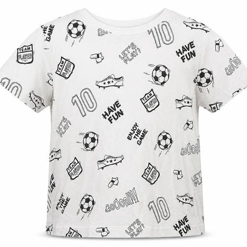 Primark Boys White Geometric 100% Cotton Basic T-Shirt Size 4-5 Years Round Neck Pullover - Football Print