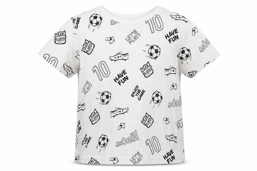 Primark Boys White Geometric 100% Cotton Basic T-Shirt Size 4-5 Years Round Neck Pullover - Football Print