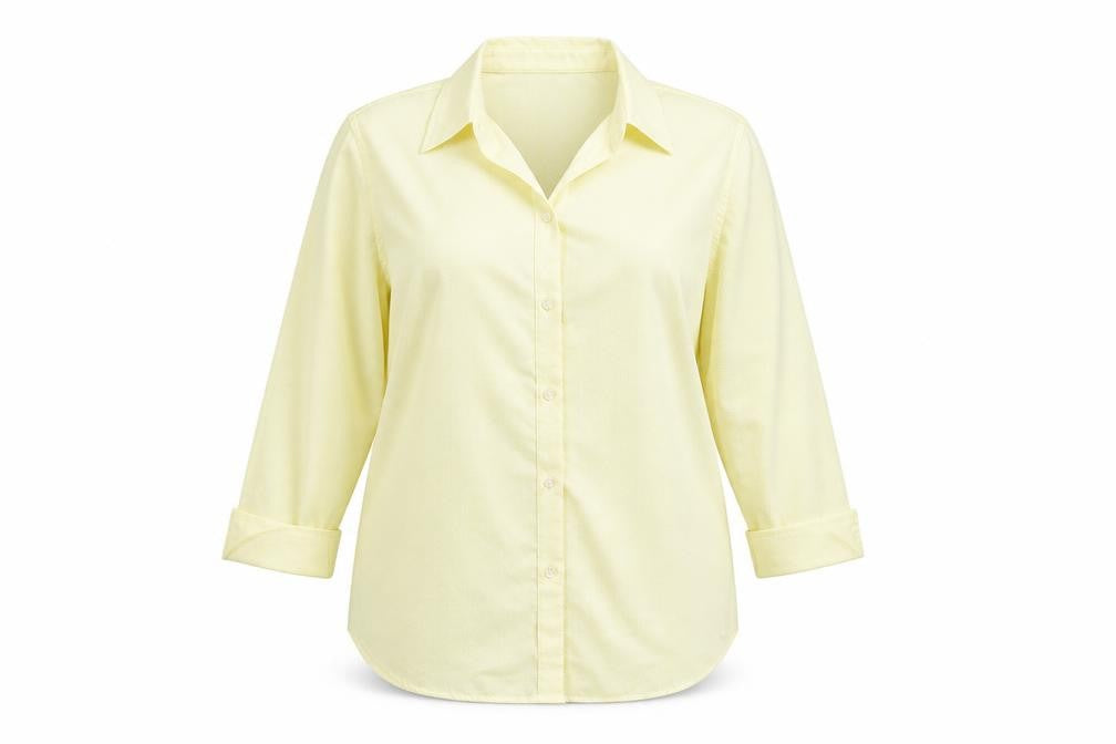 Front view of Liz Claiborne women’s yellow 100% cotton basic button-up, size UK 10, collared