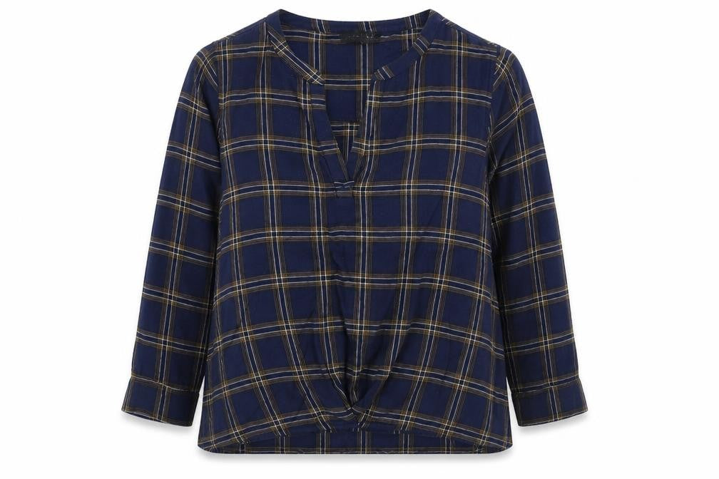 Front view of Label Lab women’s blue plaid 100% cotton basic blouse, size UK 12, v-neck