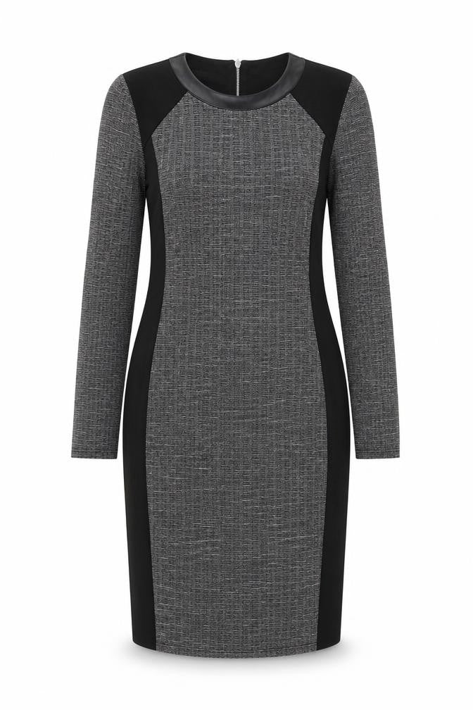 Front view of River Island women’s black polyester bodycon, size UK 10, round neck zip