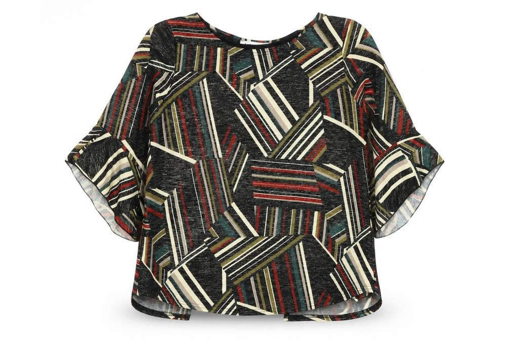Front view of Gerard women’s multicoloured geometric polyester basic blouse, size UK 14, round neck