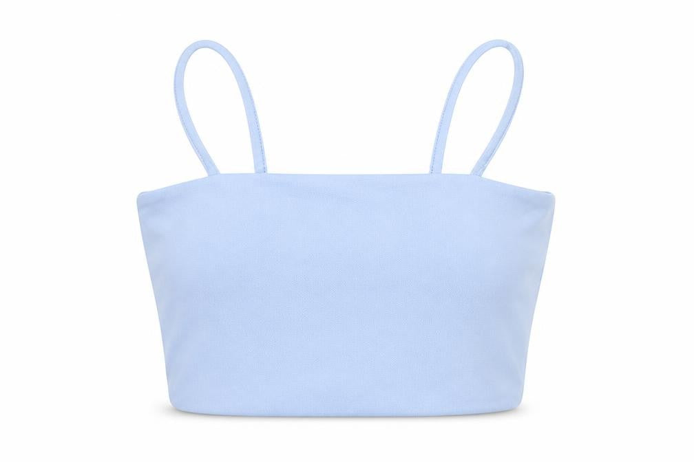 Front view of Parisian Signature women’s blue polyester cropped tank, size UK 8, square neck