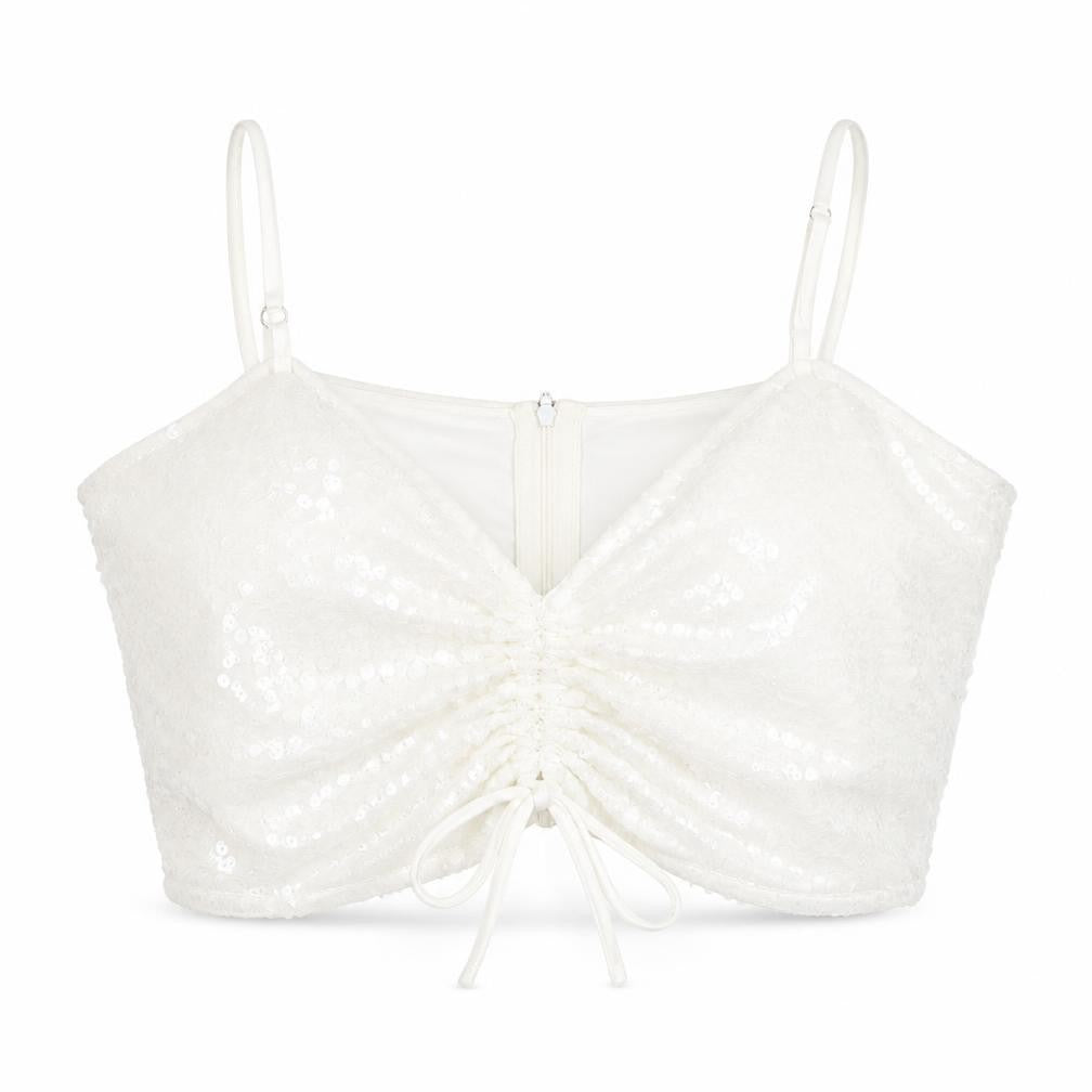 Front view of Boohoo women’s white polyester cropped tank, size UK 14, v-neck