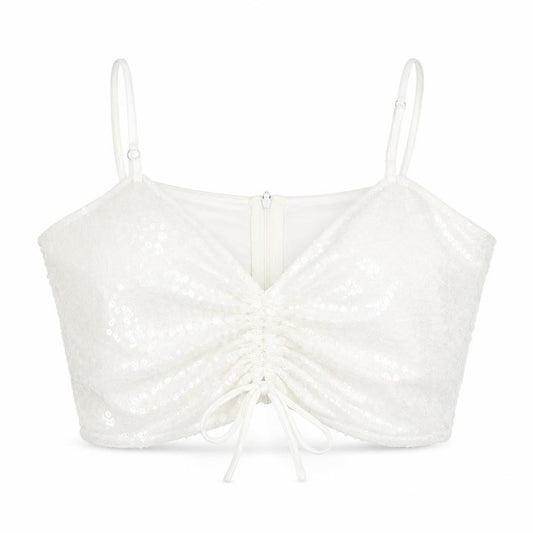 Front view of Boohoo women’s white polyester cropped tank, size UK 14, v-neck