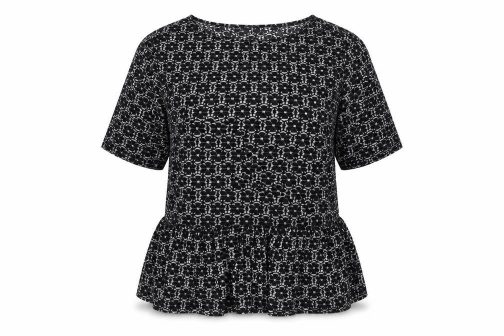 Front view of Missguided women’s black floral viscose basic blouse, size UK 8, round neck