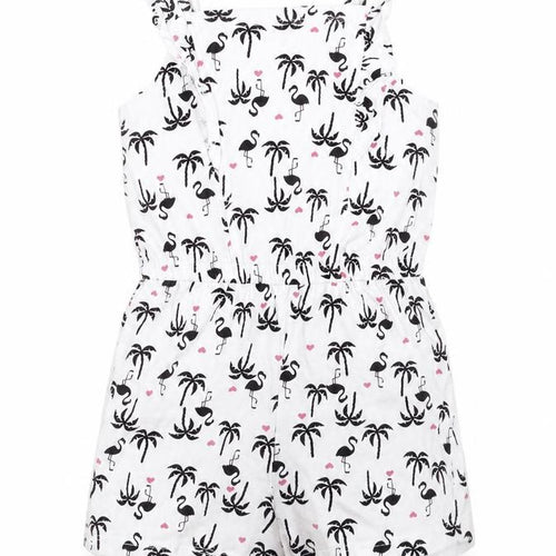 Matalan Girls White Geometric Cotton Romper One-Piece Size 2-3 Years Pullover - Flamingo