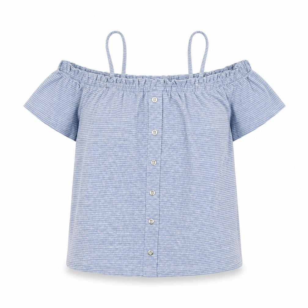 Front view of Next girls’ blue striped polyester basic blouse, size 11, years off the shoulder pullover