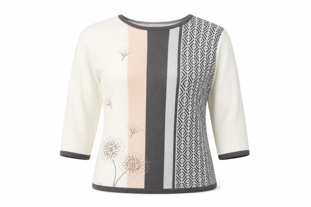 BASSINI Womens White Round Neck Geometric Acrylic Pullover Jumper Size M - Flower