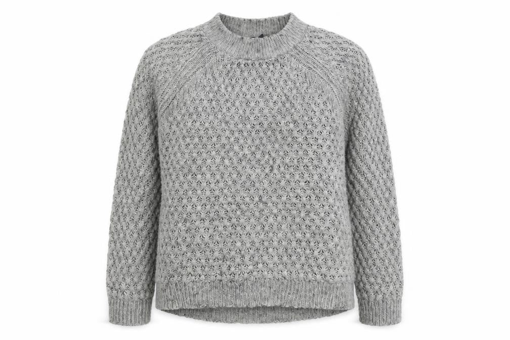 Front view of H&M women’s grey round neck acrylic jumper, size M