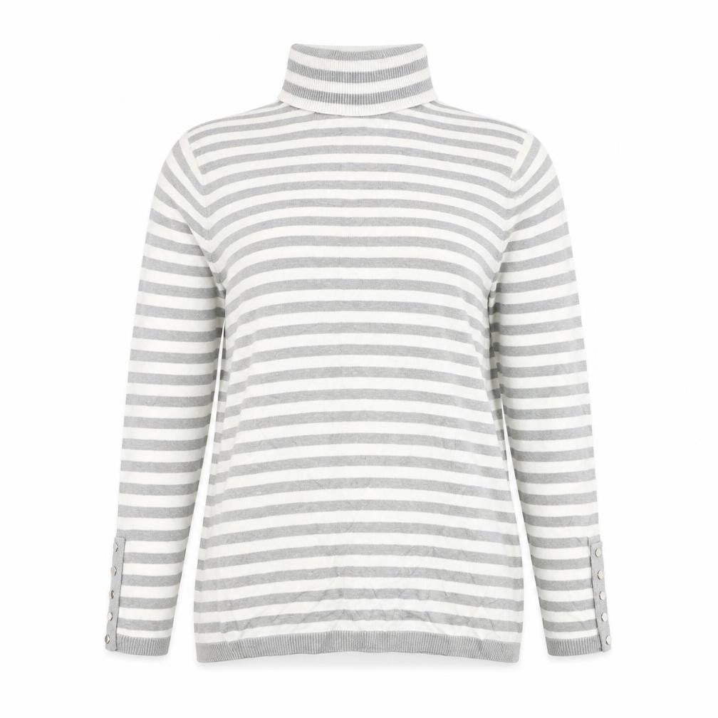 Front view of BC Clothing women’s grey roll neck striped polyester jumper, size L